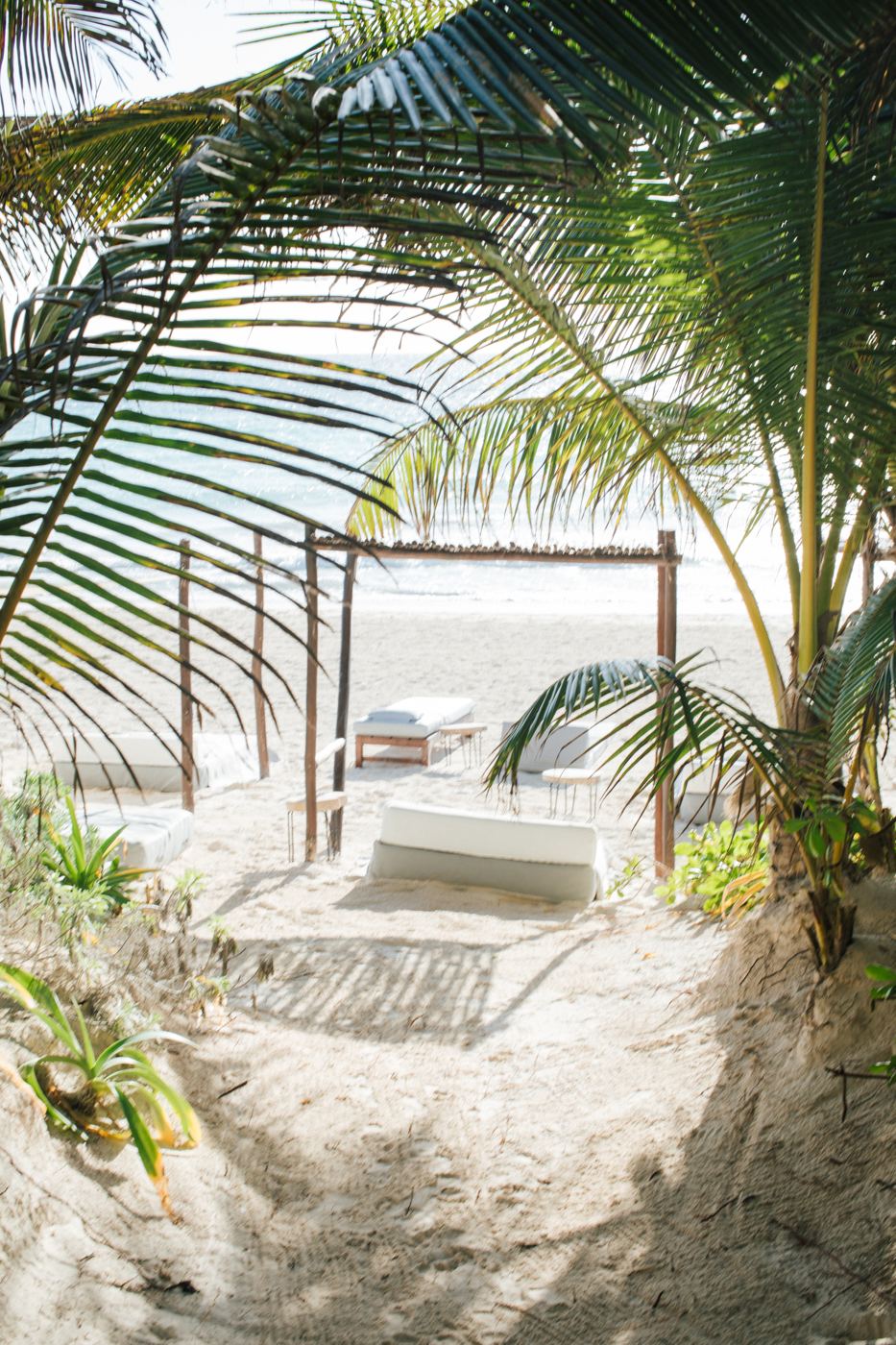 The sand path from the rooms to the beach, a daybed under the palms